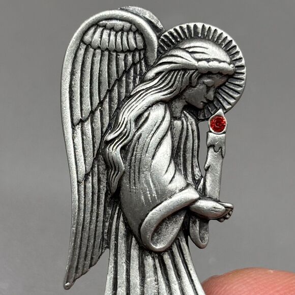Vintage JJ Pewter Angel Brooch Candle Red Rhinestone Halo Christmas Pin 1990s - Picture 3 of 5